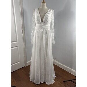 Merrys Wedding Dress Womens 10 White Vneck Chiffon Lace Bridal Gowns